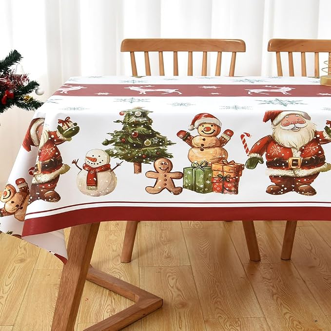 Christmas Table Cloth Rectangle Heavy Duty Vinyl Red Christmas Tablecloth Plastic Reusable Santa Tablecloth Wpieable Waterproof PVC Xmas Table Cover for Dining Party New Year(Deers, 54"x72")