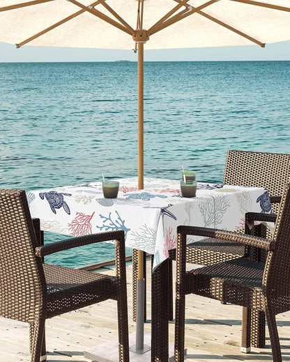 Blue Red Coastal Outdoor Tablecloth - 54x54 Inch Square Waterproof Dining Table Cover, Nautical Summer Beach Coral Sea Turtle Outdoor Table Cloth with Umbrella Hole & Zipper for Patio
