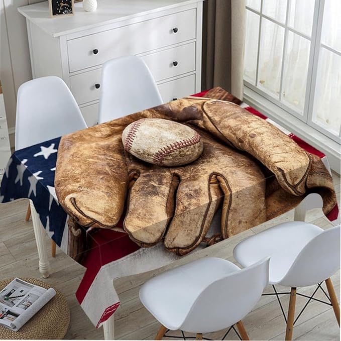 TKS MITLAN American Flag Tablecloth 60x84 Inch Rectangular Vintage Red Brown Baseball Bat Glove on USA Flag Oblong Table Cloth Kitchen Table Decorations for Home Dinner Party