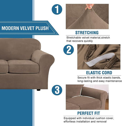 H.VERSAILTEX Modern Velvet Plush 4 Piece High Stretch Sofa Slipcover Furniture Protector Form Fit Velvet Extra Large Sofa Cover for 3 Cushion Couch Width Up to 105 Inch (XL Sofa, Mocha)