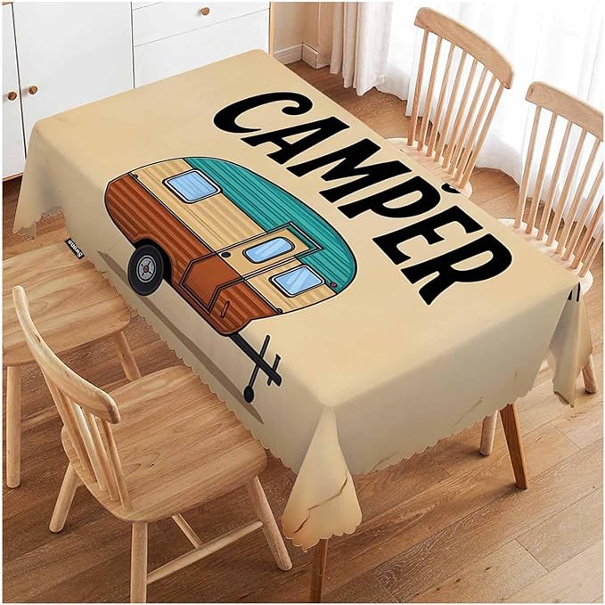 Swono 52x70 Inch Happy Camper Tablecloth Retro Car Camping Outdoor Farmhouse Dining Table Cloth Anti-Stain Talking Table Cover for Kitchen Dinning Room Coffee Store