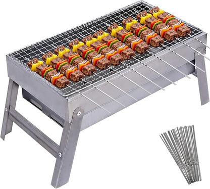 Portable Charcoal Grills With 40Pcs 14" Long Kabob Skewers, Heavy Duty Small Tabletop BBQ Grill, Easy to Carry Outdoor Camping Grill for Tailgating Backpacking Hiking Picnic Hiking Cooking