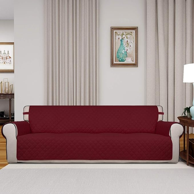 PureFit Reversible Quilted Couch Covers for Dogs Sofa Cover 4 Seater 88" | Red/Ivory, Water Resistant Couch Protector, Washable Pet Couch Cover with Non Slip and Elastic Straps For Kids