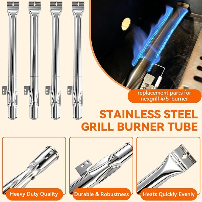 Grill Replacement Parts for Nexgrill 4-Burner 720-0830H 720-0830D 720-0783C 720-0783E 720-0958A,5-Burner 720-0888N, 17" Stainless Steel Grill Grate + Heat Plate + Burner Kit for Nexgrill