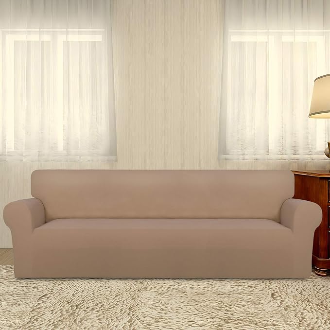 PureFit Stretch Couch Covers for Sofa 4 Seater Slipcovers Camel | 1-Piece Sofa Cover Washable Soft Couch protector, Couch Slipcover with Non Skid Foam and Elastic Bottom for Kids, Dogs