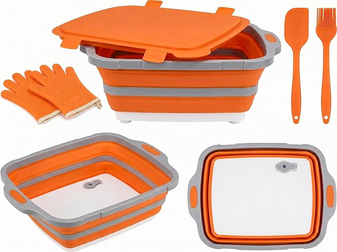 Collapsible BBQ Prep Tub with Lid & Cutting Board 8L - Meat Marinating Basin & Grill Carry System - 5pc Set with Heat Resistant Gloves, Basting Brush & Spatula(Orange, Large, 8L)