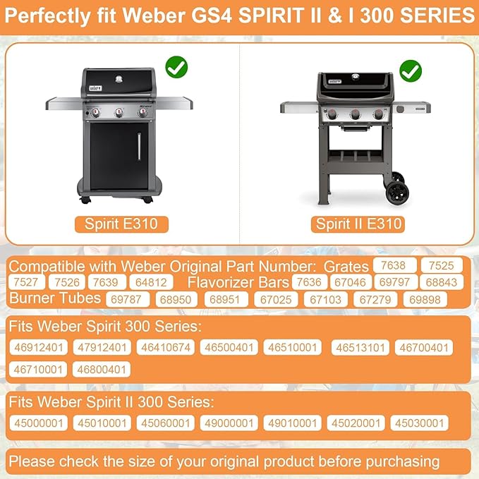 Spirit Grill Parts for Weber GS4 Spirit 2 Parts Spirit II/I 300 SER Replacement Accessories for Weber 7636 67046 69797 68843 3400302 Flavor Bar,69787 67025 Burner,7638 Grate&Crossover Tube 67278 69899