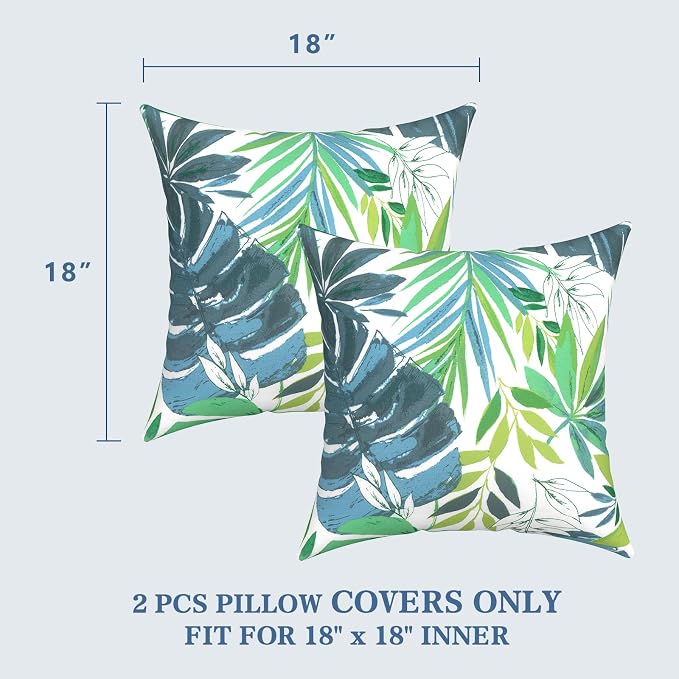 LVTXIII 2 Pack Outdoor Pillow Covers ONLY 18x18 Inch, Water-Repellent Square Decorative Cushion Covers for Patio Furniture, Garden, Sofa, Islamorada Blue Green