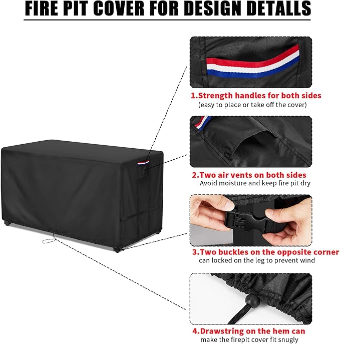 Fire Pit Cover Rectangular 48 Inch - Waterproof Outdoor Fire Table Cover Rectangle Heavy Duty, 600D Patio Propane Gas Firepit Cover Rectangular Tear Weather Resistant - 48 x 24 x 15 Inch