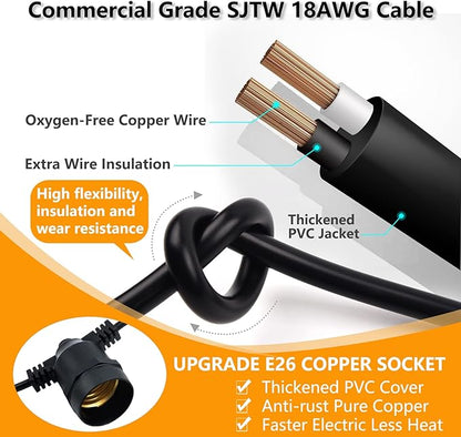 2 Pack x 27Ft Outdoor String Lights, S14 LED, IP65 Waterproof, Connectable, Warm White, for Patio, Edison Vintage, 918Ft Maximum, Shatterproof