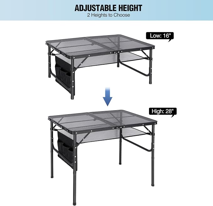 Folding Grill Table,Aluminum Portable Grill Stand Table for Outdoor Camping Picnic BBQ Lightweight, Adjustable Height, 36''x24''x16/28'', Black