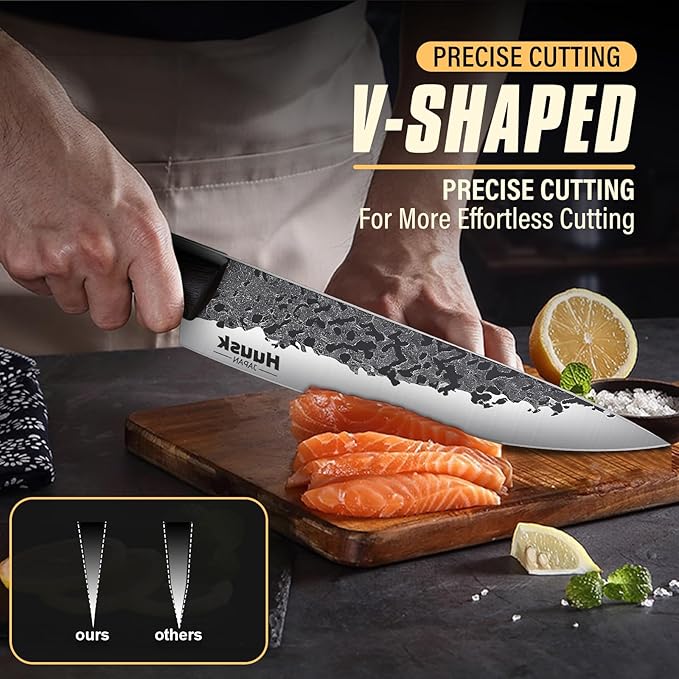 Huusk Hand Forged Chef Knife Set, High Carbon Steel Butcher Knife Set, Japanese Kitchen Knives for Home, Outdoor BBQ Camping Cooking, Gift Idea for Men