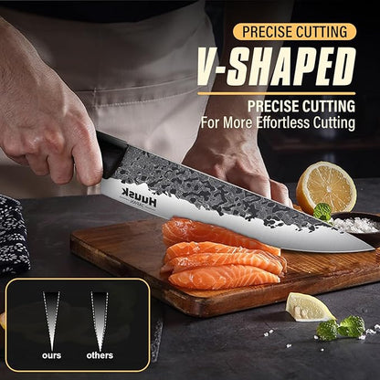 Huusk Hand Forged Chef Knife Set, High Carbon Steel Butcher Knife Set, Japanese Kitchen Knives for Home, Outdoor BBQ Camping Cooking, Gift Idea for Men