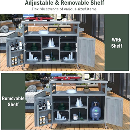 50.25" Outdoor Grill Table with Storage & Locking Wheels | Outdoor grill table,outdoor wood cabinet for grill,kitchen island with storage,steel top,spice rack,prep table for grilling