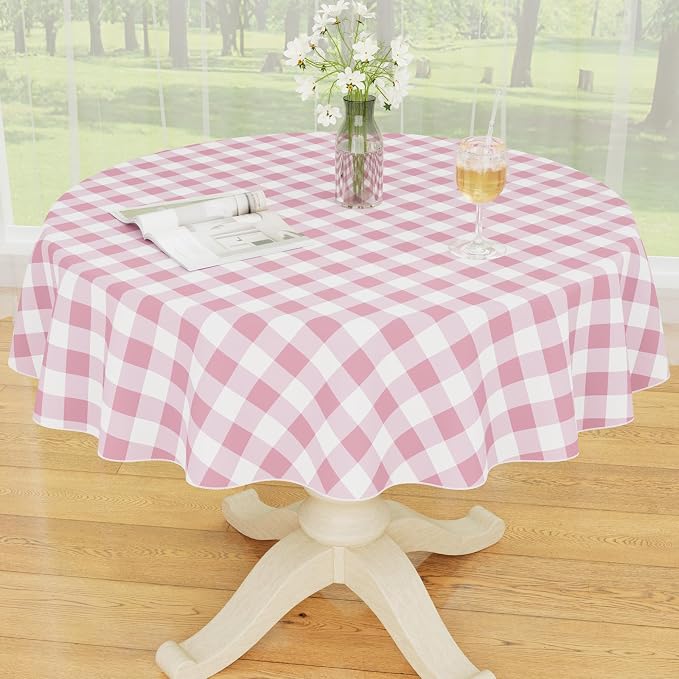 Smiry Picnic Table Cloth, Vinyl Tablecloths with Flannel Backing, 60" Round | Waterproof Picnic Table Cloth, Wipeable Buffalo Plaid Table Cover for Indoor and Outdoor (Pink & White)