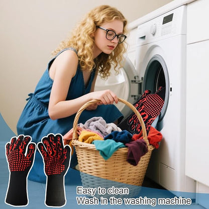BBQ Gloves Fireproof, 1472°F/800°C F Heat Resistant Grill Cut-Resistant Mitts, Non-Slip Silicone Oven Gloves Long Kitchen Gloves for Barbecue Cooking Baking Cutting