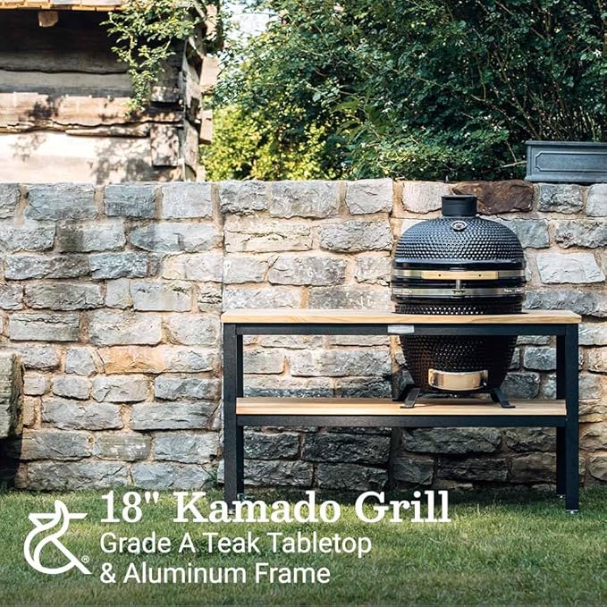 Ash & Ember 18" Kamado Grill Kit with Aluminum Table, Grade A Teak Shelves, Built-In Thermometer, Airflow Vent, Heat Deflector, Ash Drawer, Ash Tool, Clip Tool, Protective Cover Included