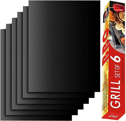 Grill Mat Set of 6-100% Non-Stick Reusable Mats for Gas, Charcoal or Electric Grills - Easy to Clean - 15.75 x 13-Inch, Black
