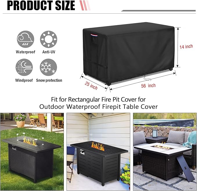 Fire Pit Cover Rectangular 56 Inch - Waterproof Outdoor Fire Table Cover Rectangle Heavy Duty, 600D Patio Propane Gas Firepit Cover Rectangular Tear Weather Resistant - 56 x 25 x 14 Inch