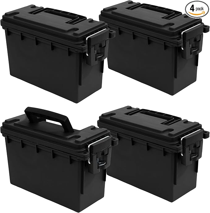 Sheffield Ammo Box Made in USA, Stackable Lockable Ammo Storage Box, Black | 4 Pack Lockable Storage Box, Water & Dust Resistant Dry Box, Secures Hunting Gear, Gun Accessories, Supplies, Bullets
