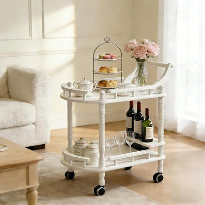 Entertainment Kitchen Cart, Midcentury Modern Imported rubberwood White Finished Wood 2-Tier Mobile Bar Cart Serving Cart