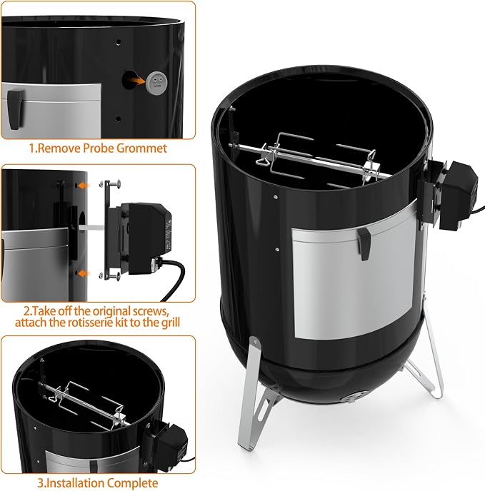 onlyfire Stainless Steel Grill Rotisserrie Kit for Weber 18-inch WSM Cooker | Grilling Accessories for Outdoor Cooking
