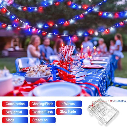 JMEXSUSS 2 Pack Red White and Blue Lights Outdoor, Each 33ft 100 LED | 4th of July Lights Battery Operated, 8 Modes Patriotic Decorations for Indoor outside Independence Day American Flag Holiday