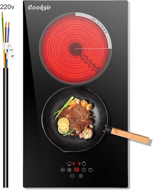 2 Burner Electric Cooktop, 12 inch Electric Stove Top 3000W, Double Burners Ceramic Cook Top with 9 Power Levels, Safety Lock, Timer, Sensor Touch Control, 220-240V Hard Wired (No Plug)