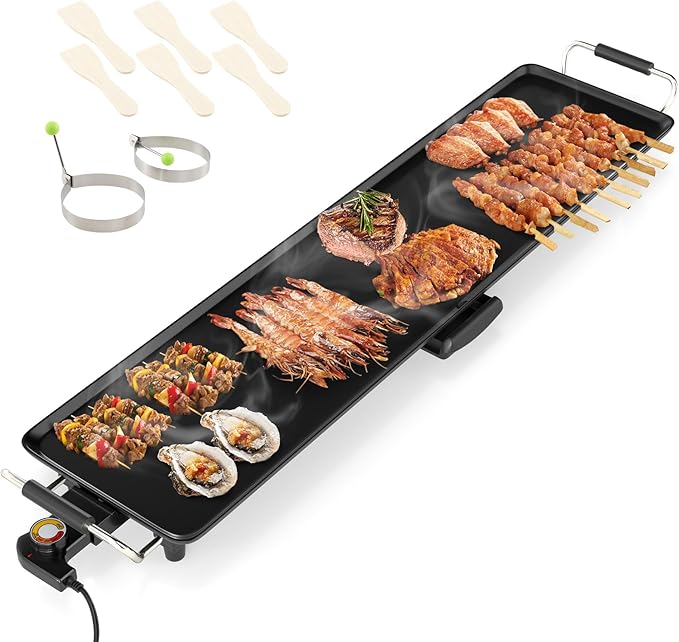 SIMOE 35 Inch Large Electric Griddle, Teppanyaki Grill BBQ with 4-Level Adjustable Temperature, Insulated Handles & Drip Tray, Indoor Outdoor Extra Long Griddle Pan Electric for Party, Home, Camping