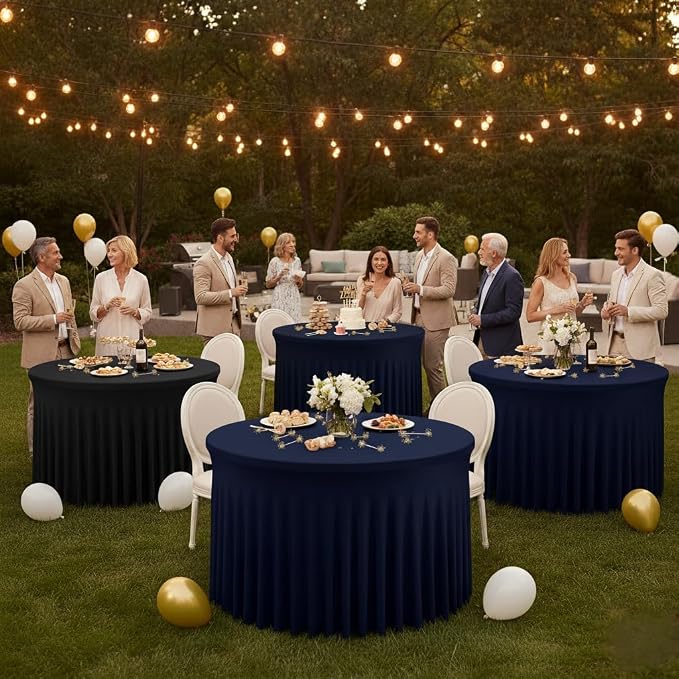 Fitted Navy Spandex Table Skirts for Wedding Party,60 Inch Round,6 Pack | Spandex Table Covers, For 5 Ft Wedding Cake Tables, Wrinkle Resistant, Ruffle Design Banquets, Baby Showers, Parties