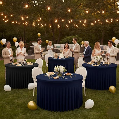 Fitted Navy Spandex Table Skirts for Wedding Party,60 Inch Round,6 Pack | Spandex Table Covers, For 5 Ft Wedding Cake Tables, Wrinkle Resistant, Ruffle Design Banquets, Baby Showers, Parties
