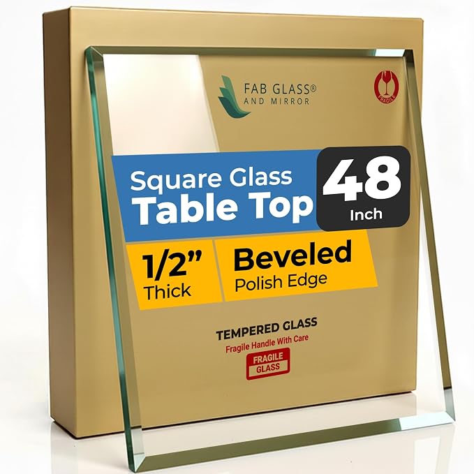 Tempered Glass Table Top 48 Inch Square Beveled Edge Clear Surface 1/2 Inch Thick for Home Office or Outdoor Furniture by fab Glass and Mirror