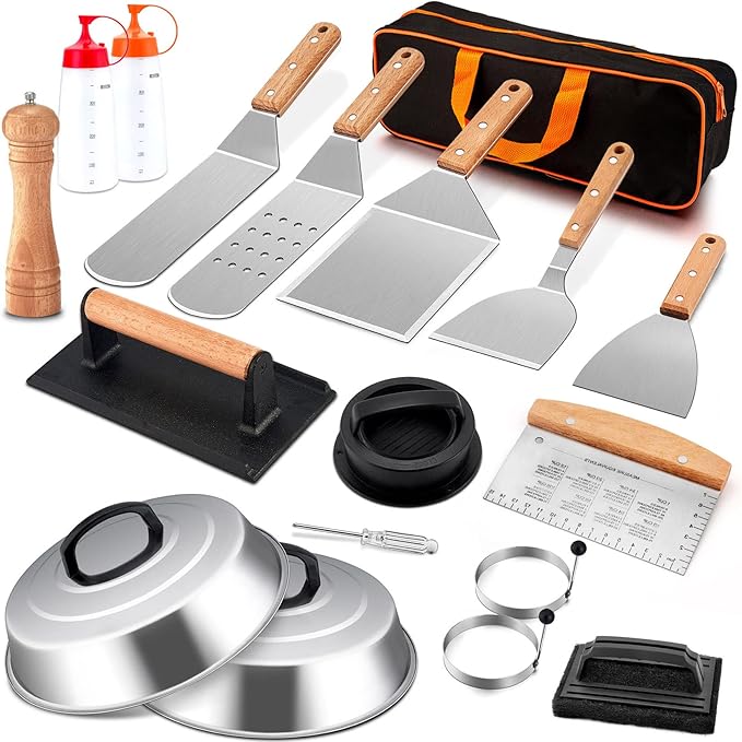 Griddle Accessories Kit, Joyfair 18Pcs Flat Top Grill Accessories for Blackstone, Stainless Steel Hibachi Griddle Tool Set with Spatula, Basting Cover Burger Press for Outdoor BBQ (Wooden Handles)