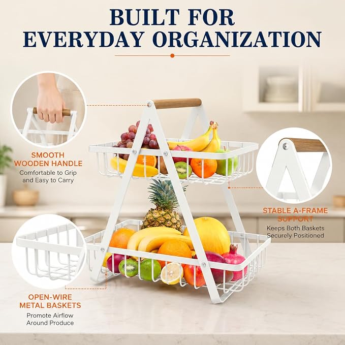 mahueeol 2-Tier Countertop Fruit Basket with Wooden Handle, Detachable | Detachable metal baskets with wooden handle for fruits, vegetables, bread and snacks in kitchens, pantries or dining rooms