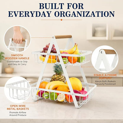 mahueeol 2-Tier Countertop Fruit Basket with Wooden Handle, Detachable | Detachable metal baskets with wooden handle for fruits, vegetables, bread and snacks in kitchens, pantries or dining rooms