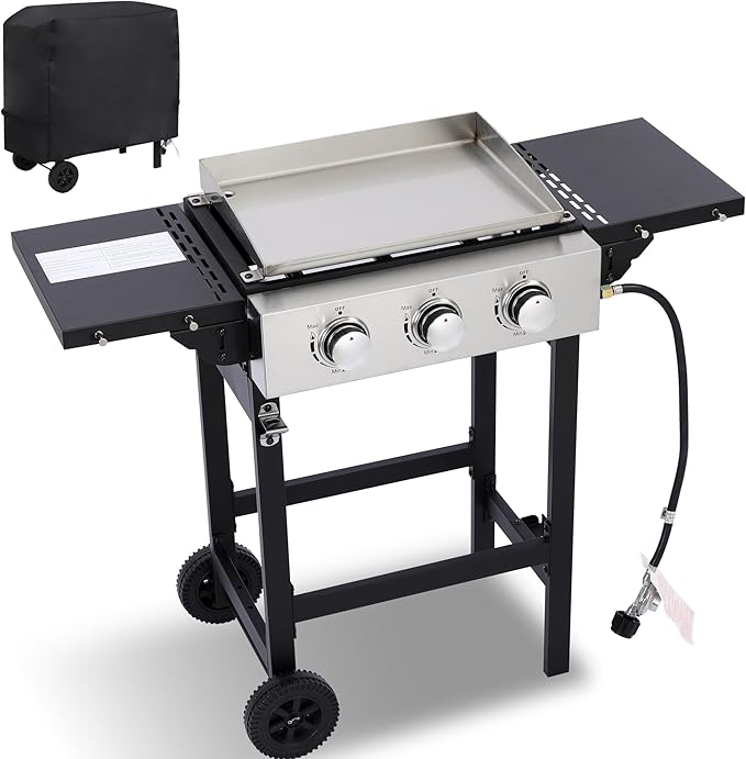3-Burner Flat Top Grill with Folding Side Tables, Outdoor Griddle Grill with Storage Cover, 30,000 BTU Flat Grill with Stainless Steel Cooking Surface for BBQ, Camping, Tailgating