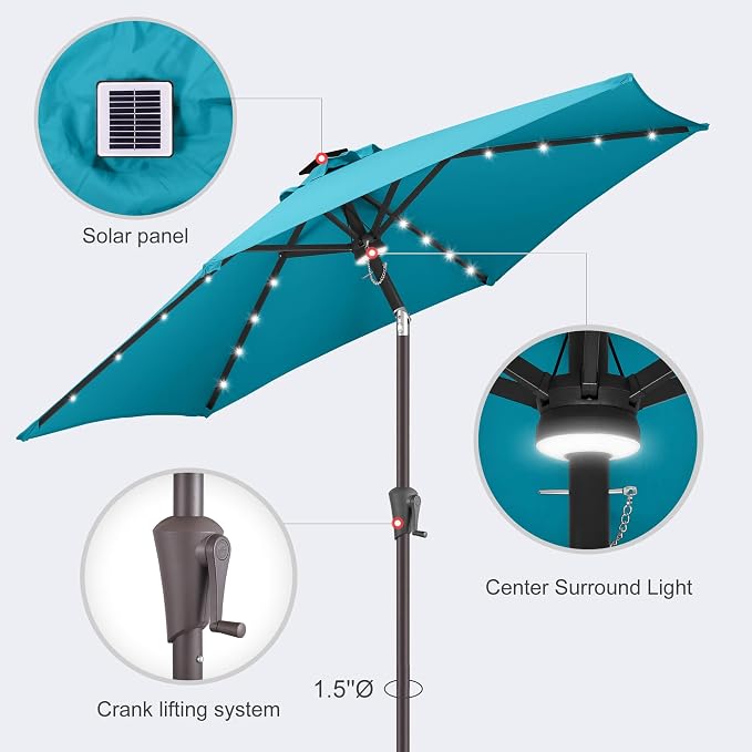 Solar Patio Umbrella with Centre Light, 7.5 ft Aqua Blue | 24 LED Lights, UV Protection, Small Solar Outdoor Umbrella for Porch, Deck, Pool, Table, Garden, Provides Evening Lighting