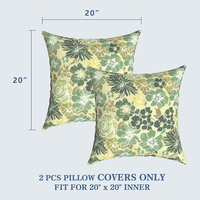 LVTXIII Outdoor Pillow Covers 20x20 Inch, 2 Pack Large Square Throw Pillow Cases, Fade-Resistant Cushion Covers for Patio Furniture Sofa, Garden Porch, Green Rose