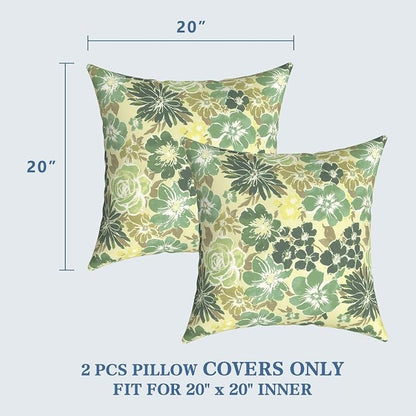 LVTXIII Outdoor Pillow Covers 20x20 Inch, 2 Pack Large Square Throw Pillow Cases, Fade-Resistant Cushion Covers for Patio Furniture Sofa, Garden Porch, Green Rose