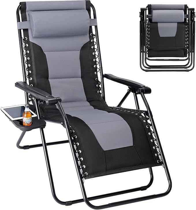 Sweetcrispy Zero Gravity Chairs, Foldable Patio Reclining Chairs with Adjustable Pillow & Cup Holder, Oversized Portable Support 400 lbs, for Backyard Camping, Black-Gray