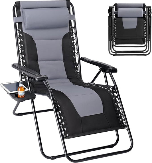 Sweetcrispy Zero Gravity Chairs, Foldable Patio Reclining Chairs with Adjustable Pillow & Cup Holder, Oversized Portable Support 400 lbs, for Backyard Camping, Black-Gray