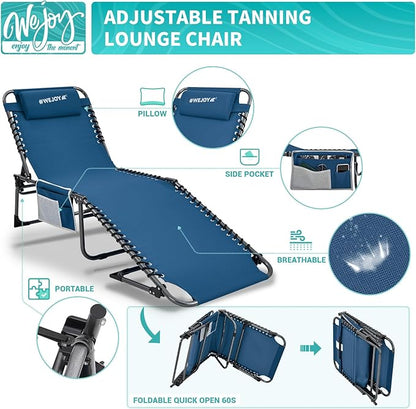 #WEJOY Folding Lounge Chair Outdoor, 5-Position Adjustable Sunbathing Tanning Chair with Shoulder Strap & Side Pocket, Heavy Duty Reclining Chair for Patio Pool Camping, Portable Folding Bed Cot,Blue