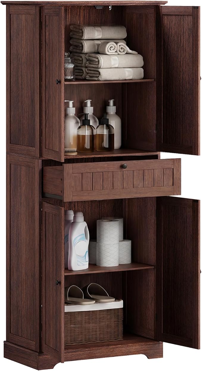 ChooChoo 51" H Bathroom Floor Cabinet with Drawers and Adjustable Shelves | Bathroom Storage Cabinet, Freestanding Kitchen Pantry Cupboard with 4 Doors for Living Room, Walnut