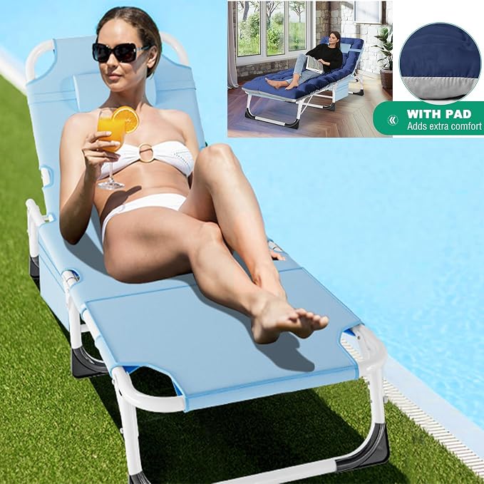 LILYPELLE Folding Chaise Lounge Chair with Pad, Patio Sun Tanning Chair | 5-Position Outdoor Chaise Lounger,Portable Beach Lounge Chair for Outdoor Sunbathing Patio Pool Lawn Deck Poolside