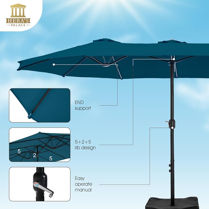 HERA'S PALACE 15ft Patio Umbrella, Base Included, Rectangular, Cerulean | outdoor, table, large, 15, rectangle, double, pool, stand, clearance, outside, triple, shade, sun