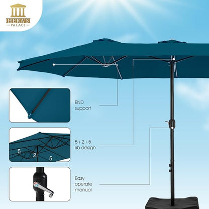 HERA'S PALACE 15ft Patio Umbrella, Base Included, Rectangular, Cerulean | outdoor, table, large, 15, rectangle, double, pool, stand, clearance, outside, triple, shade, sun