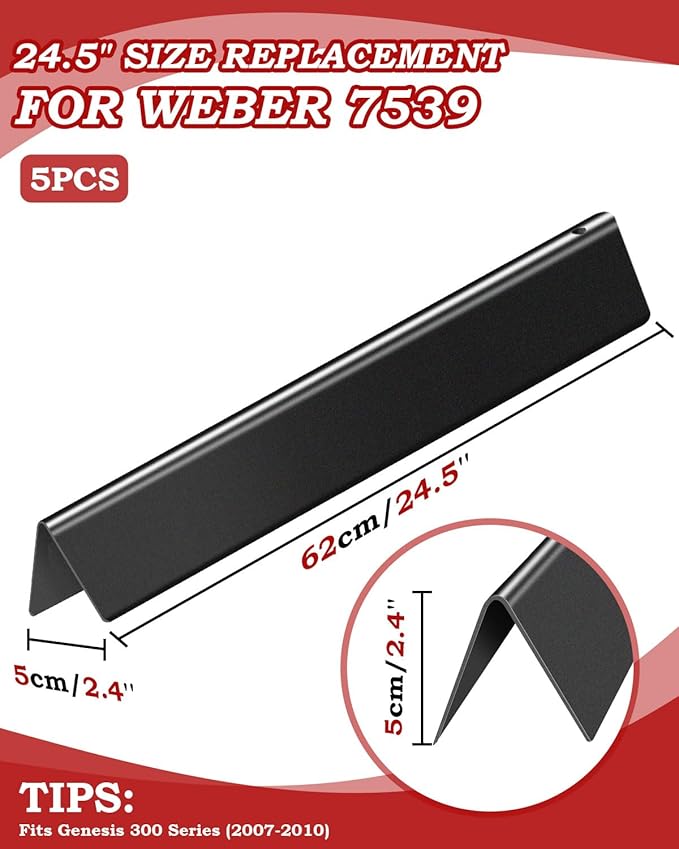 Flavorizer Bars 24.5 inch Replacement for Weber 7540 Genesis 300 310 320 330 Series Grill Parts with Side Control, 5 PCS Porcelain Enameled Steel Flavor Bars