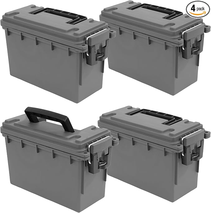Sheffield Ammo Box Made in USA, Stackable Lockable Ammo Storage Box, Gray | 4 Pack Lockable Storage Box, Water & Dust Resistant Dry Box, Secures Hunting Gear, Gun Accessories, Supplies, Bullets