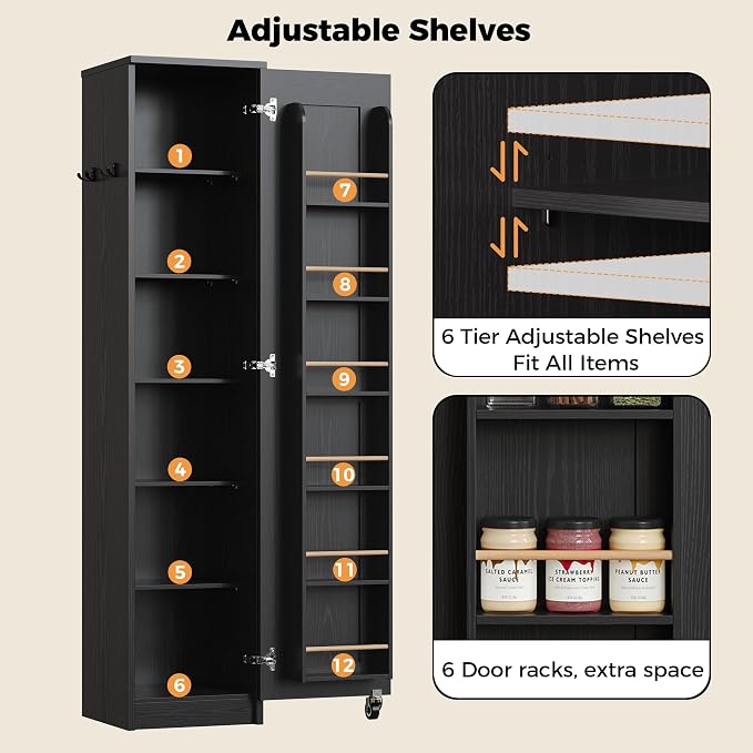IRONCK Narrow Kitchen Pantry Cabinet, 72" H,Slim for Small Place, Black | Single Door with 6 Adjustable Shelves, Door Rack and Wheels, Space Saving Freestanding Storage Floor Cabinet