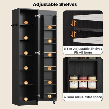 IRONCK Narrow Kitchen Pantry Cabinet, 72" H,Slim for Small Place, Black | Single Door with 6 Adjustable Shelves, Door Rack and Wheels, Space Saving Freestanding Storage Floor Cabinet